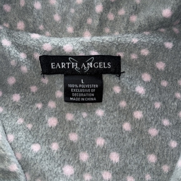 Earth Angels Pajama Set Gray & Pink Polka Dot Soft Fleece Satin Accent Sz Large - Picture 4 of 9